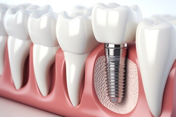 a model of teeth with dental implant - obrazy, fototapety, plakaty