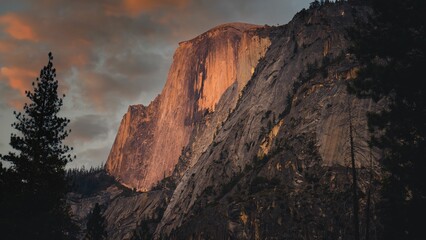 Scenic view of Half Dome at sunset in Yosemite National Park, California.