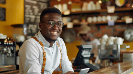 A cheerful worker at a coffee shop is holding a tablet, surrounded by coffee-making equipment.