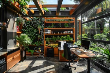 Capture the essence of eco-friendly living with this stock image showcasing a home office adorned with vibrant indoor plants and sustainable decor.