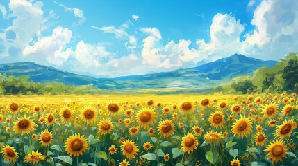 Obraz premium Vector Sunflowers Meadow in Oil Painting Flowers Banner with blue sky with clouds.