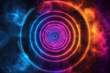 Vibrant neon circle patterns in a hypnotic vortex design on a dark backdrop - obrazy, fototapety, plakaty