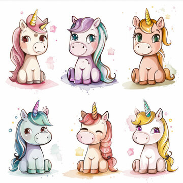 Cute Unicorn Watercolor illustration set, pastel and candy colors for girls princess poster. Stickers Set of magical cartoon unicorns isolated on white background. Trendy cartoon baby horse. Birthday