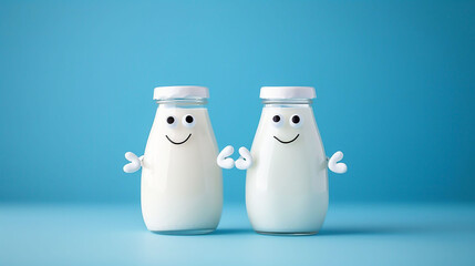 A cute two milk bottle character with eyes, hands and legs having fun. blue background.