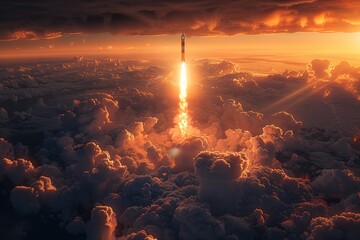 Powerful rocket pierces sunrise sky trailing fire - obrazy, fototapety, plakaty