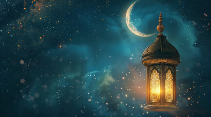 Fototapeta na wymiar Eid celebration illustration with islamic lantern and moon for festive greeting card design