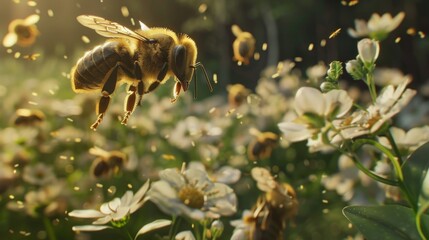 Animated GIF of bees pollinating flowers, emphasizing the importance of environmental sustainability and biodiversity. - obrazy, fototapety, plakaty