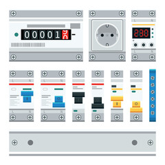 Fuse box. Types  and components of electrical. Electrical power switch panel. Electricity equipment. Power Switch Panel. Vector illustration, isolated on white background.