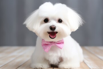 a white dog wearing a bow tie