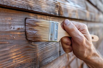 Close-up of a hand applying brown paint on wooden planks with a brush.