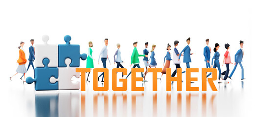 Puzzle pieces and TOGETHER word with lots of businesspeople walking at the background as symbol of teamwork. 3D rendering with copy space at white