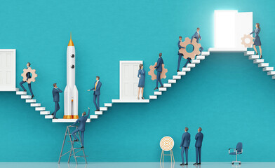 Business people working together with rocket. Business environment concept with stairs and opened door, representing startup, career, advisory, growth, success, solution and achievement. 3D rendering