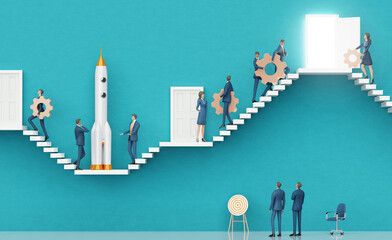 Business people working together with rocket. Business environment concept with stairs and opened door, representing startup, career, advisory, growth, success, solution and achievement. 3D rendering