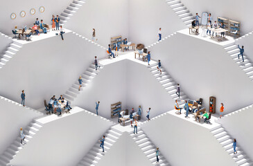 Business people working together for global company. Abstract environment with stairs and multiple floor levels showing departments and branches. 3D rendering illustration - 773130173