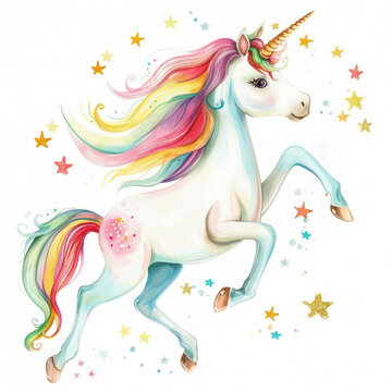 Cute Unicorn Watercolor illustration, pastel and candy colors for girls princess poster. Sticker of magical cartoon unicorns isolated on white background. Trendy cartoon baby horse. Birthday print