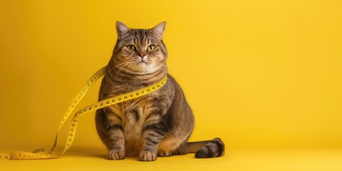 Chubby tabby with measuring tape, dieting cat concept - obrazy, fototapety, plakaty