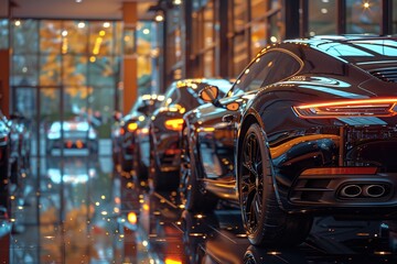 Luxury car dealership: Premium black limousines in showcase - obrazy, fototapety, plakaty