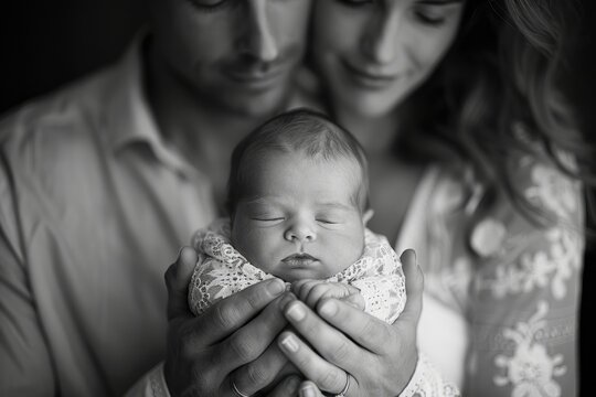 Newborn embrace by parents in monochrome