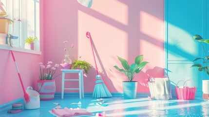 Cleaning concept. A man in yellow gloves with detergents is cleaning the house. Background for advertising Cleaning products, cleaning services, home care.