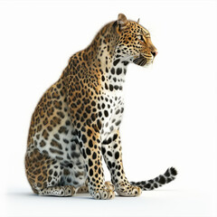 Majestic Leopard Sitting, Side Profile on Pure White Background