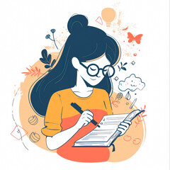 Girl taking notes in notebook. woman write reminders on stickers. Character develop business projects, planning, think creatively and brainstorm. Cartoon flat illustration on white background