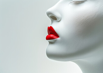 Modern White Mannequin Head Adorned with Striking Red Lipstick Side View for Advertisement