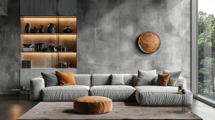 Grey sofa with brown pillow against concrete wall with shelves. Loft home interior design of modern living room. Contemporary Scandinavian design.