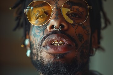 Rapper with face tattoos and golden grills on teeth wearing jewelry, black african-american