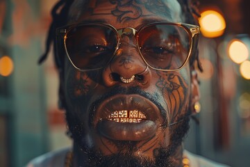 Rapper with face tattoos and golden grills on teeth wearing jewelry, black african-american