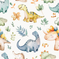 Cute cartoon watercolor dinosaur pattern. Watercolor childish dino set on white background. Dino print, sticker, poster, card, invitations, children books.