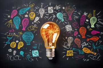 Light bulb over chalkboard. Concept of growth, idea, creativity, innovation and solution. Ai Generative