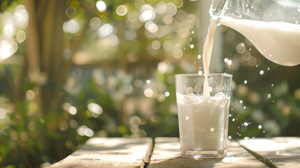 A glass is being filled with milk amidst a backdrop of sunlit bokeh.