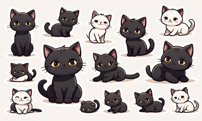 A little black cat lying in the sunshine,  9 postures and expressions, emoticons Emoji and ICON materials