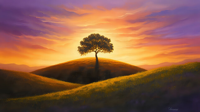 Solitude's Embrace: A Lone Tree at Sunset