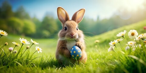 Easter bunny and Easter eggs on green grass meadow with daisies