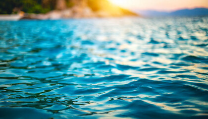 blurred blue background with water highlights, evoking tranquility and warmth in nature - obrazy, fototapety, plakaty