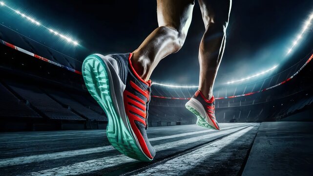 A close-up of a person's feet in red and green running shoes, running on a track. The runner's legs are the main focus of the image, with the shoes showing in detail. The background is a darkened.