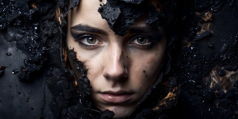 portrait of a woman half face in the tar asphalt mud - obrazy, fototapety, plakaty