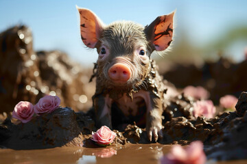 A tiny piglet wearing a flower crown, rolling in the mud against a pink background. - obrazy, fototapety, plakaty