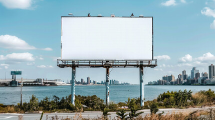 An expansive white highway billboard awaits your message against a clear sky backdrop, perfect for outdoor advertising. AI generative