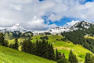 the mountain is covered in snow and surrounded by green mountains