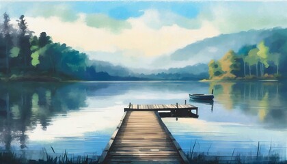 A beautiful lake, with a dock, small boat in the water. Summer vacation or holiday concept. 
