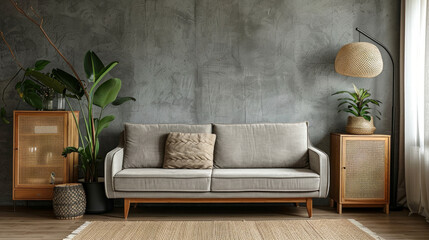 Grey sofa against concrete wall with copy space. Minimalist home interior design of modern living room. Contemporary Scandinavian design.