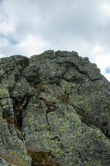 Landscape of a rock formation covered in lush green moss on a cloudy sky background