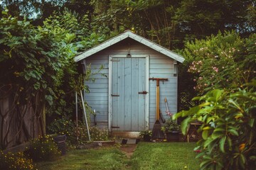 Cozy garden shed surrounded by lush plants in a backyard