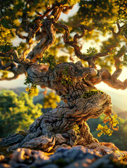 Fototapeta premium Ancient Oak Tree, Guardian Spirit, Fighting for Recognition as Legal Entity, Standing against Corporate Greed, 3D Render, Golden Hour, Vignette