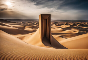 square, beige structure stands in the desert, surrounded by sand dunes and a mountain. The sun shines through the center of the structure, casting a warm light on the surrounding area - 773136582