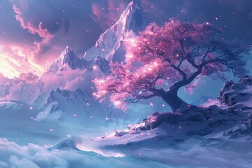 A magical tree of dreams stands tall in a surreal landscape, its pink and blue hues casting a spell of wonder and enchantment.