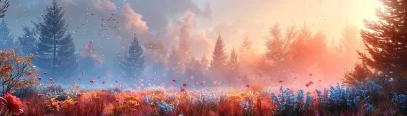 Foto auf Acrylglas Dreamy digital landscape transports you to an enchanting forest, with vibrant roses and bluebells adding a pop of color to the serene autumn scene. © Kwanruethai