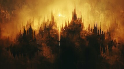 A sepia-toned castle loomed, its dark fantasy spires reaching skyward, born from the abstract swirls of a generative AI's digital dreams. - obrazy, fototapety, plakaty